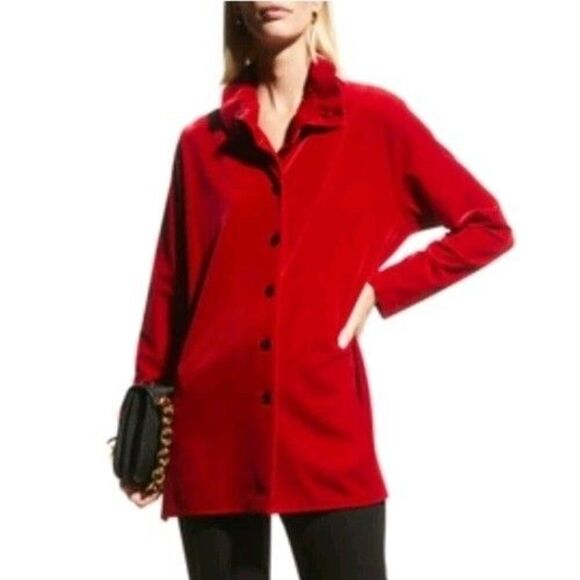 Caroline Rose Red Velour Buttoned Top Jacket Size Medium Western Polyester - Picture 1 of 10